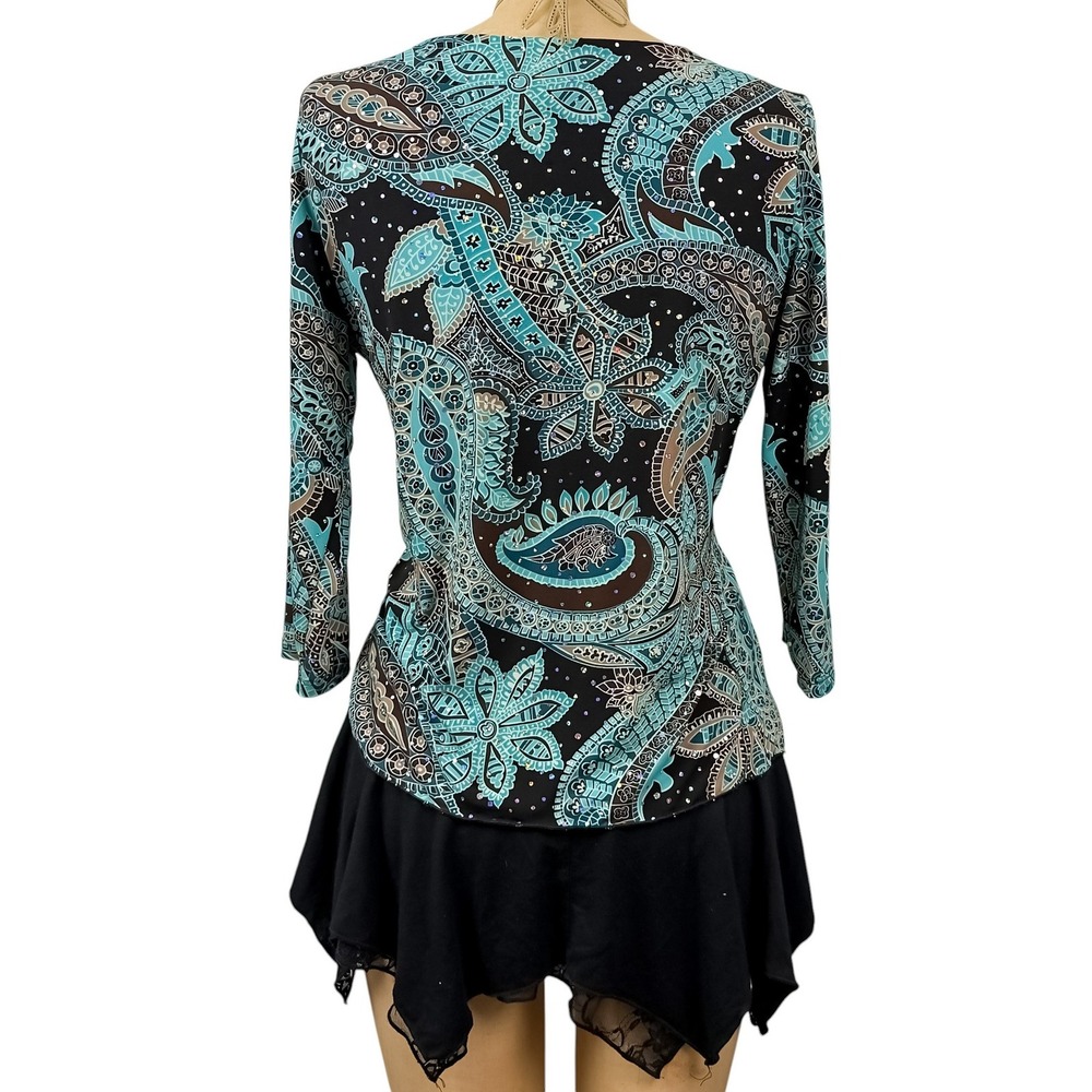 90s Retro Sequin Teal Paisley Wrap Top Asymmetrical Hem 80s Glamoratti Size M - Picture 2 of 8